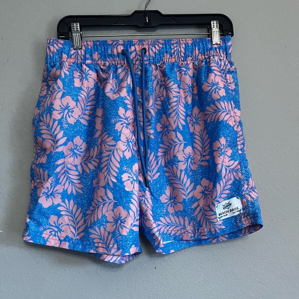 Beach Bros. pink hibiscus floral pattern blue casual shorts size medium‎